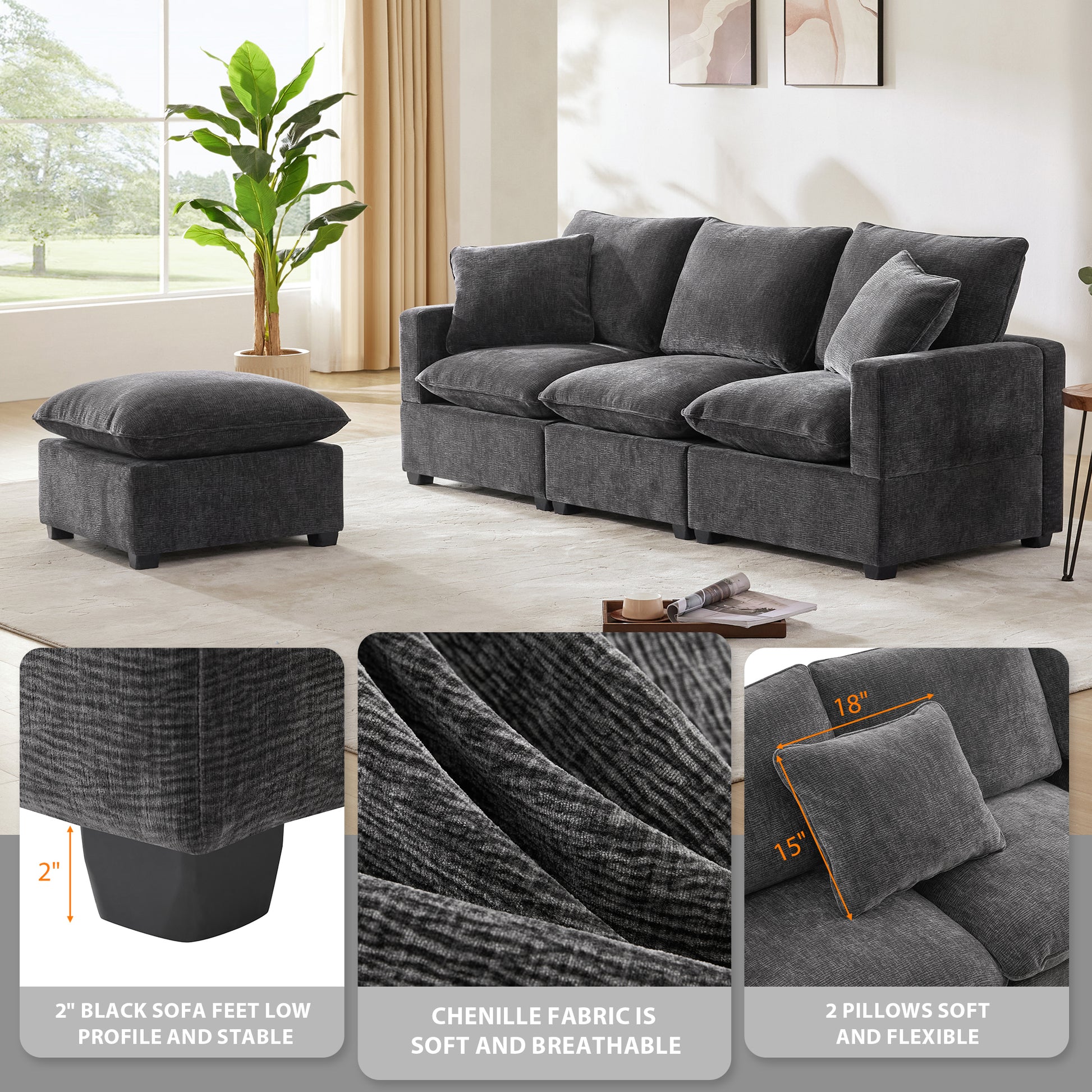 84*57" Modern Modular Sofa, 4 Seat Chenille Sectional Couch Set With 2 Pillows Included, Freely Combinable Indoor Funiture For Living Room, Apartment, Office, 2 Colors Black Grey Chenille 4 Seat