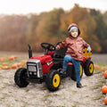 Aosom 12V Ride On Tractor With Trailer, 25W Dual Motors, Battery Powered Electric Tractor With Remote Control, Music Startup Sound And Horn, Led Lights, Red Red Plastic