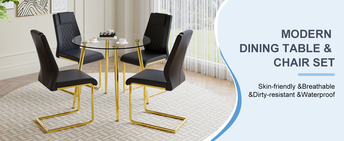 A Modern Minimalist Style Round Transparent Tempered Glass Table With Gold Metal Legs, Paired With 4 Modern Pu Leather High Back Dining Chairs,Bringing A Luxurious Experience. Black Seats 4 Glass Metal