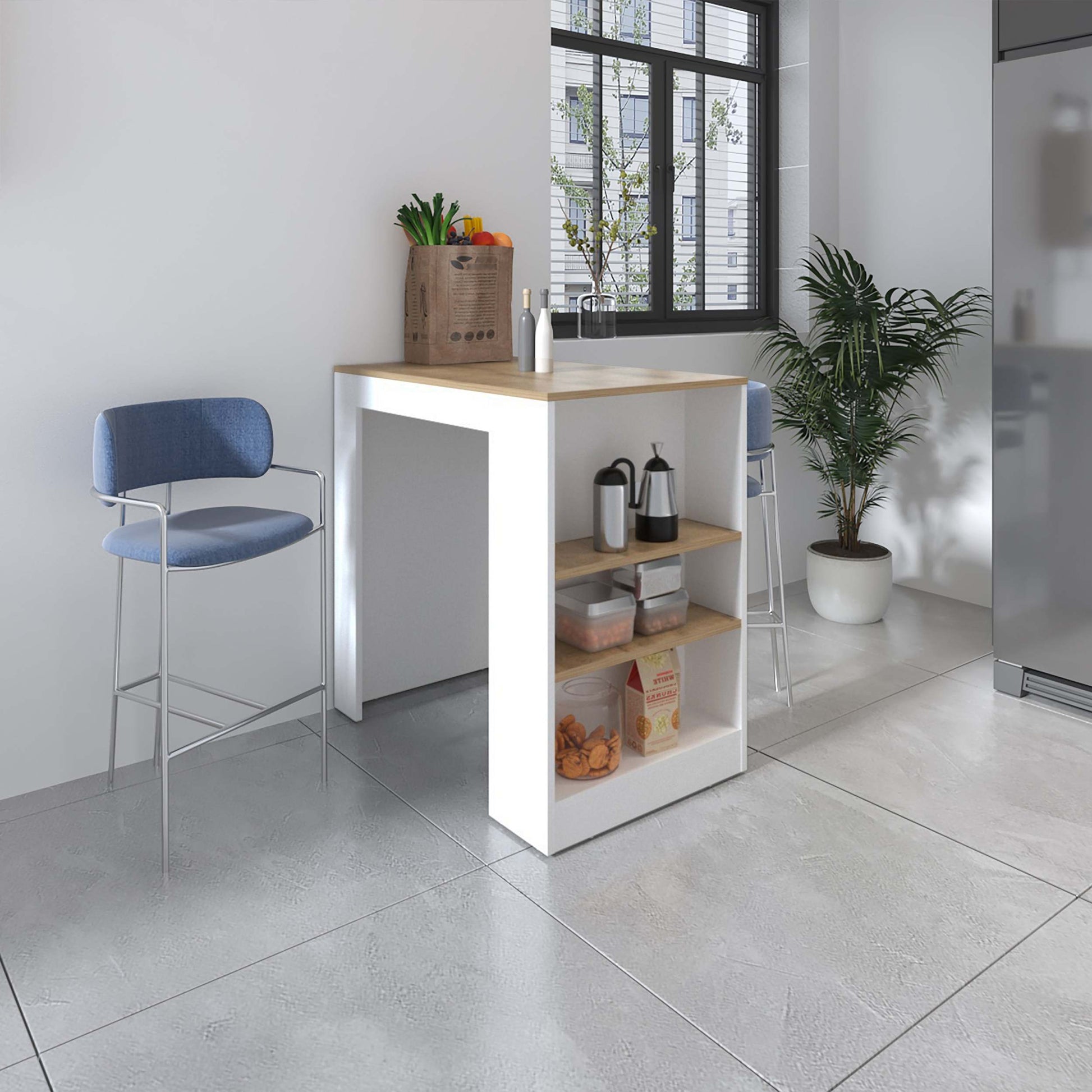 Highlands Kitchen Island With Storage Base In White And Macadamia White Engineered Wood