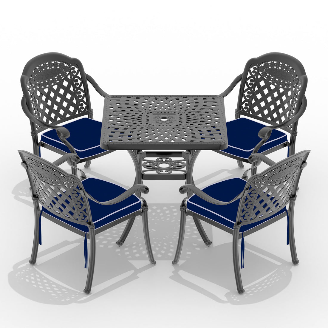 Cushions In Random Colors 5 Piece Set Of Cast Aluminum Patio Furniture With Cushions Yes Dining Set Black Seats 4 Rust Resistant Frame Water Resistant Cushion Garden & Outdoor Complete Patio Sets Aluminium
