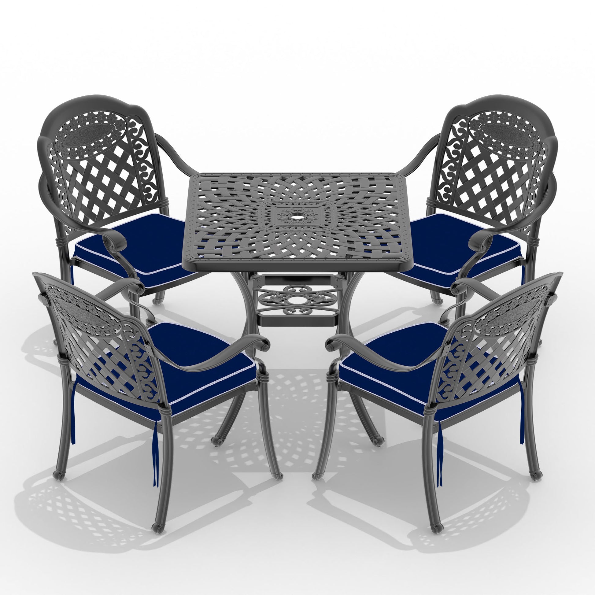 Cushions In Random Colors 5 Piece Set Of Cast Aluminum Patio Furniture With Cushions Yes Dining Set Black Seats 4 Rust Resistant Frame Water Resistant Cushion Garden & Outdoor Complete Patio Sets Aluminium