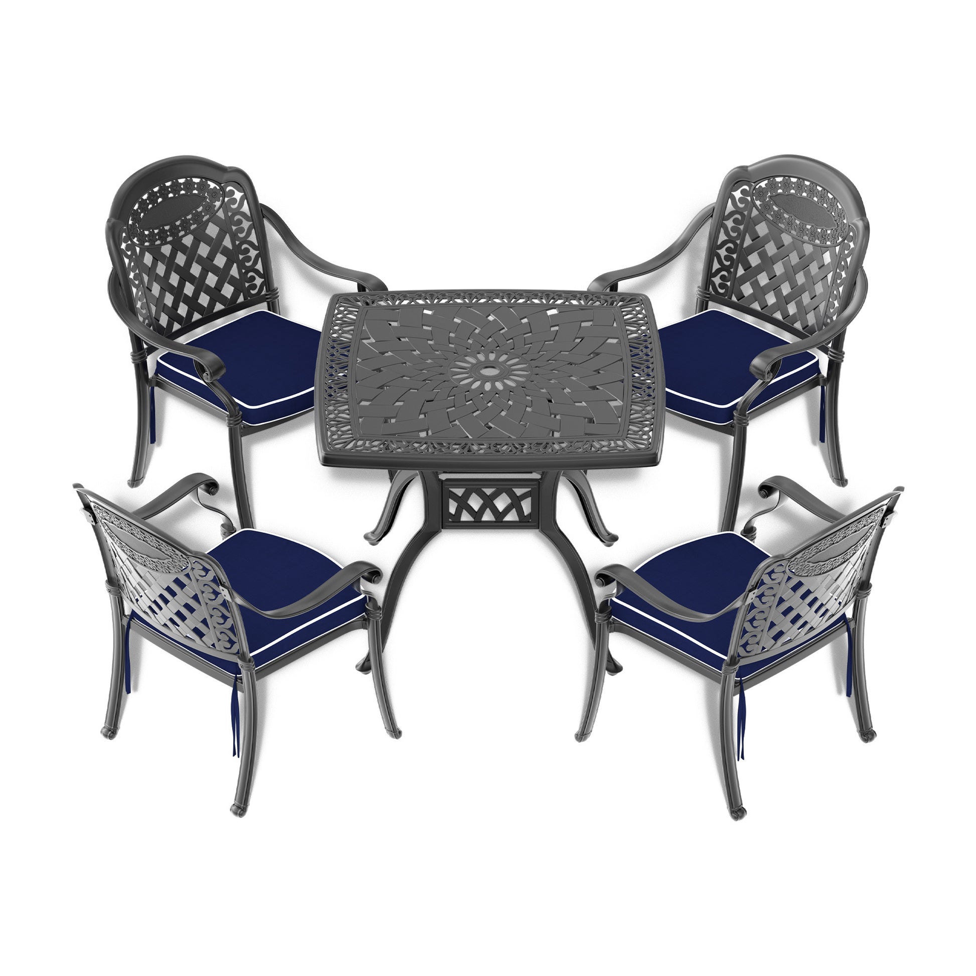 Cushions In Random Colors 5 Piece Set Of Cast Aluminum Patio Furniture With Cushions Yes Dining Set Black Seats 4 Rust Resistant Frame Water Resistant Cushion Garden & Outdoor Complete Patio Sets Aluminium