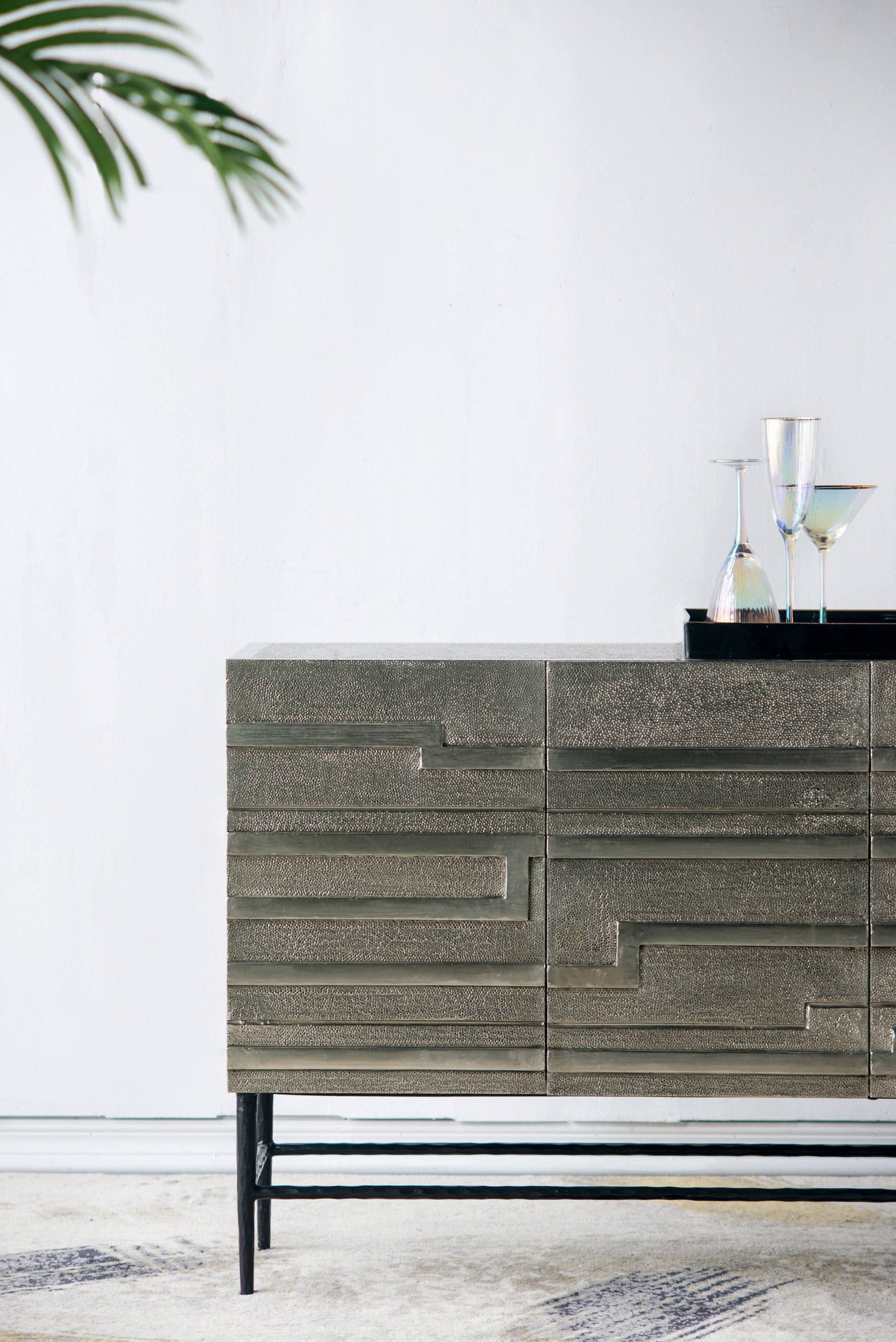 59X14.5X30" Linear 4 Door Credenza Black And Silver Brass