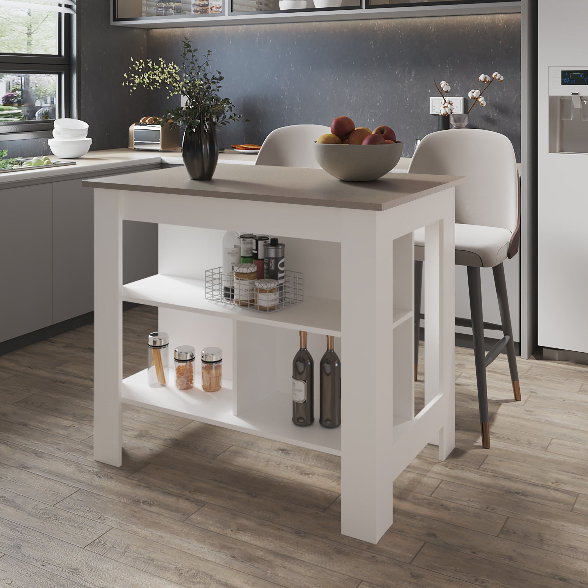 Aztec Kitchen Island In Melamine With Open Storage, Taupe White Multi Kitchen Modern Rectangular Stationary Kitchen Islands Particle Board Melamine Medium 40 55In