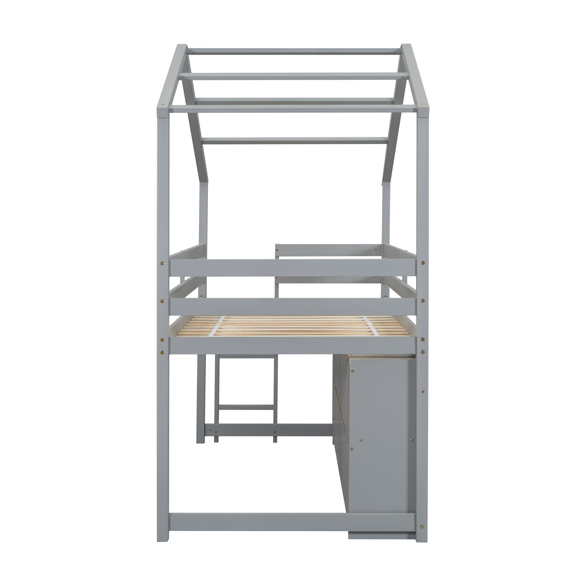 Twin House Loft Bed With Roof Frame, Under Bed Shelving Storage Unit, Guardrails, Ladder,Grey Twin Gray Bedroom American Design Pine Pine