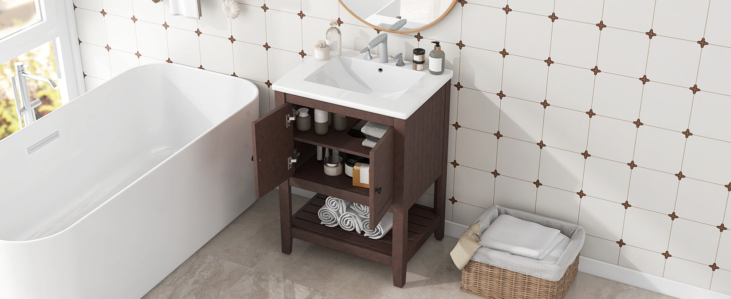 Video 24" Brown Modern Sleek Bathroom Vanity Elegant Ceramic Sink With Solid Wood Frame Open Style Shelf Brown Solid Wood Mdf