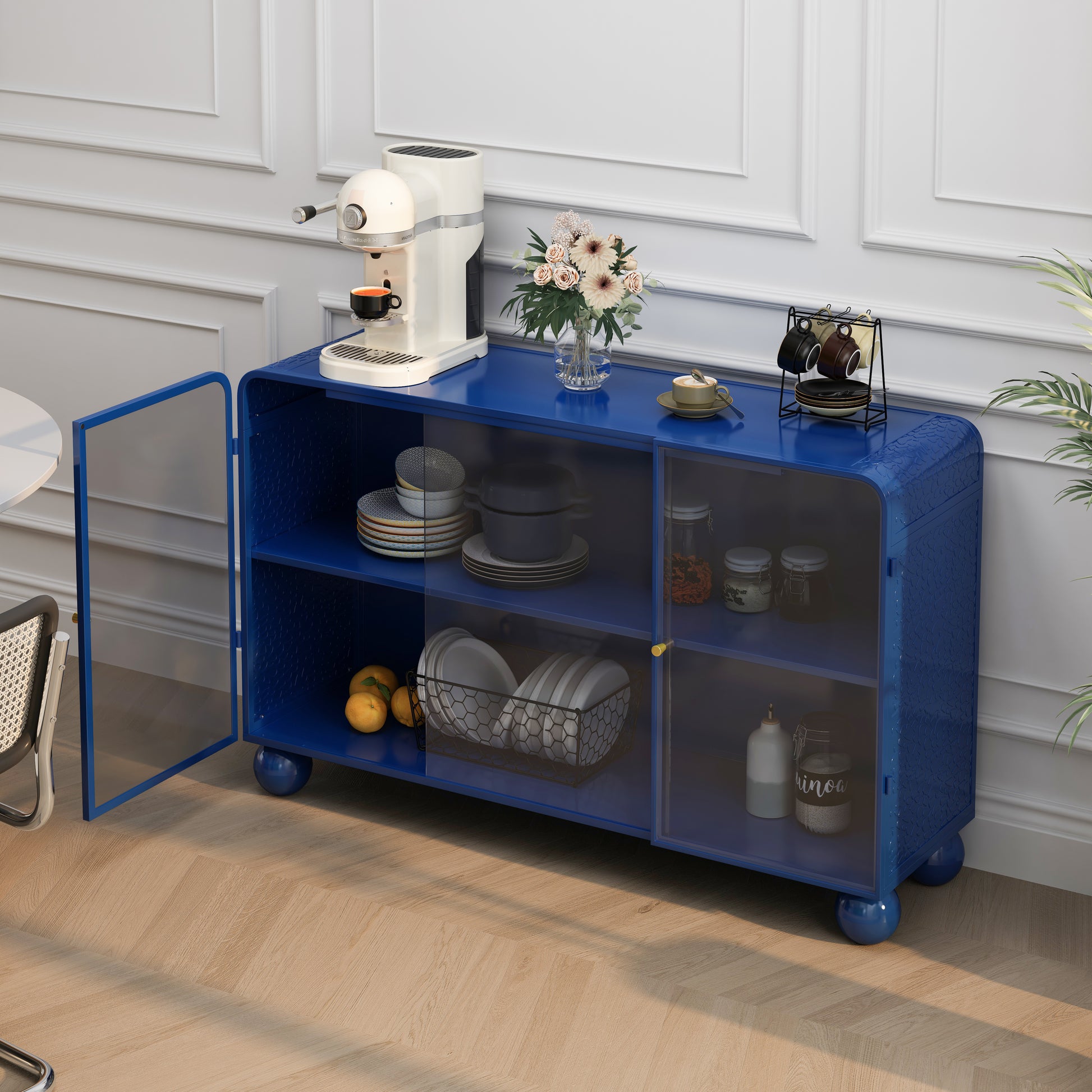 47.25"Glass Storage Cabinet Floor To Ceiling For Kitchen, Living Room, Bathroom Bark Blue Blue Glass Metal