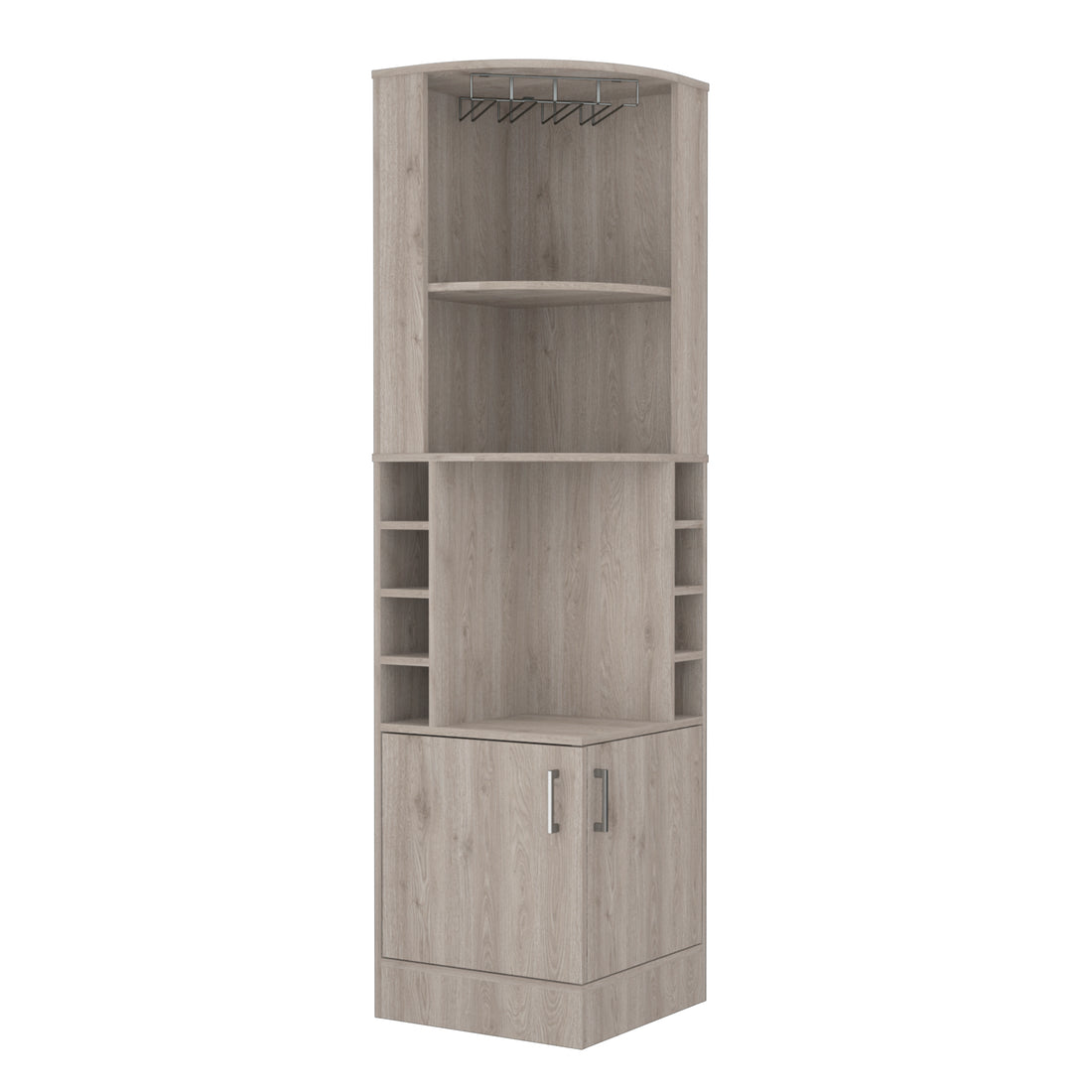 Syrah Corner Bar Cabinet, Eight Bottle Cubbies, Double Door, Two Open Shelves Light Gray Light Gray Modern Particle Board Particle Board