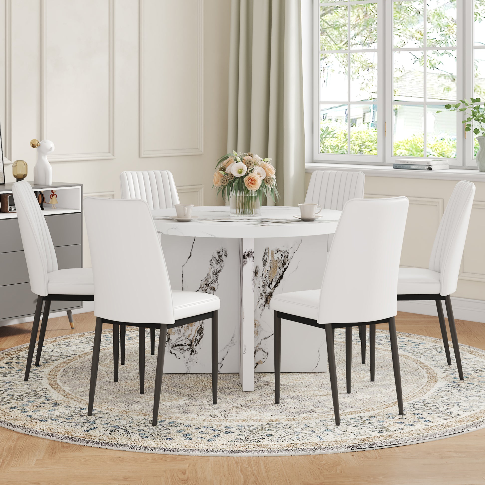 7 Piece Round Dining Table Set, 42 Inch Modern Round Table And 6 Upholstered Chairs For Dining Room, Kitchen Room, Living Room, Easy Assembly Metal White 42 Inches Modern Trestle Round Mdf Mdf