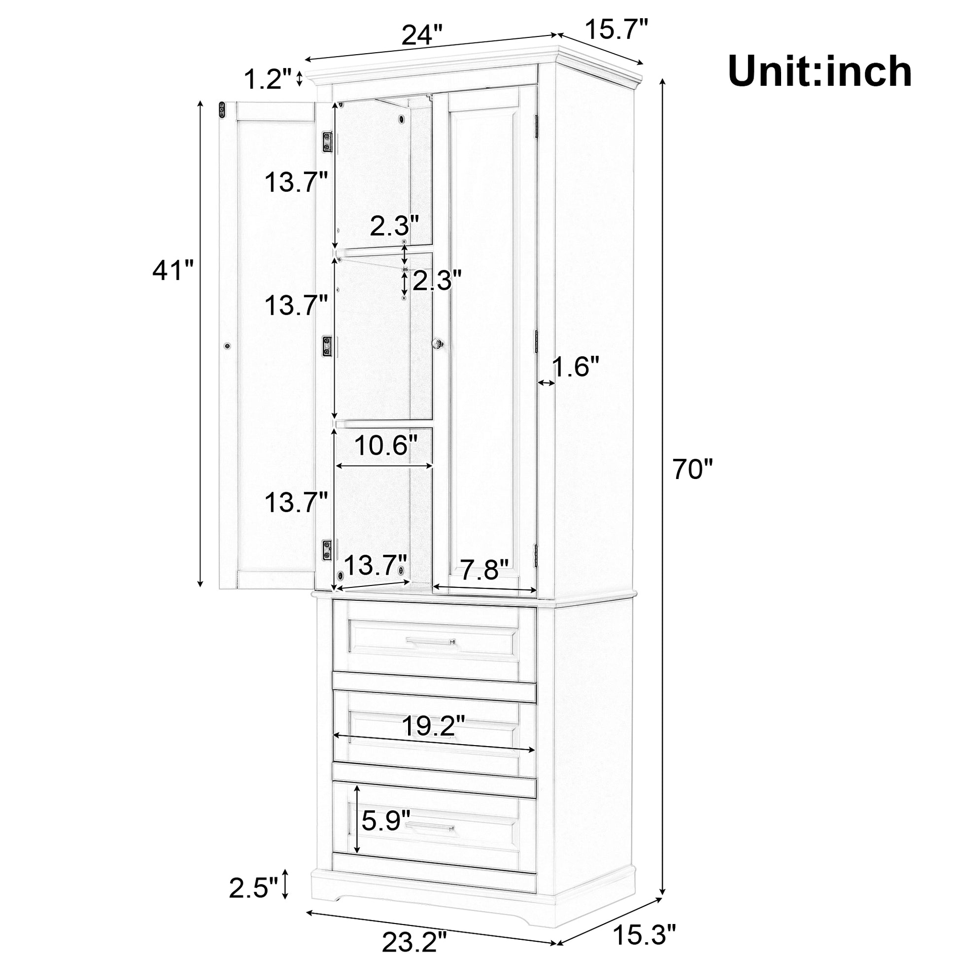 Tall Storage Cabinet With Three Drawers For Bathroom Office, Black Black Mdf