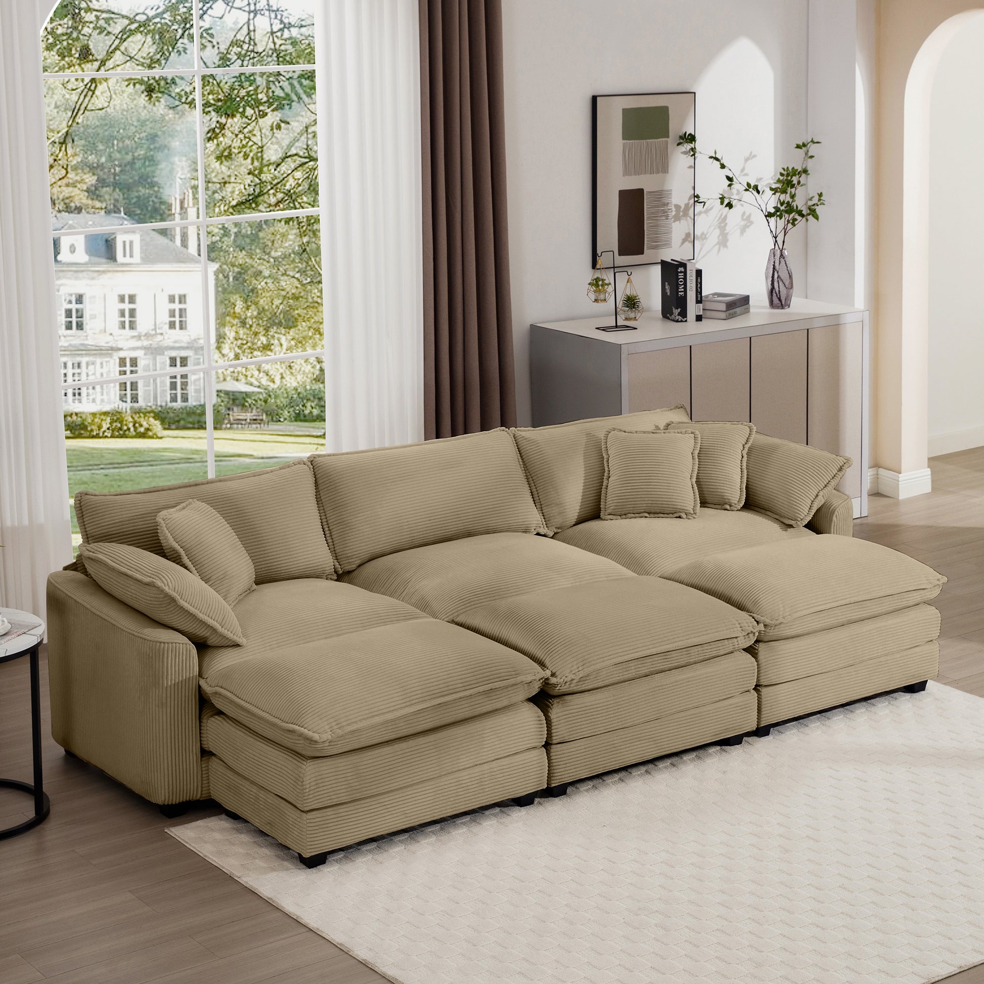 Oversized Modular Cushion Sofa, Portable Ottoman, L Shaped Corner Low Back Deep Seating Spacious Sofa Setfor Home Apartment Living Room Set, Tan Corduroy Tan Corduroy 3 Seat