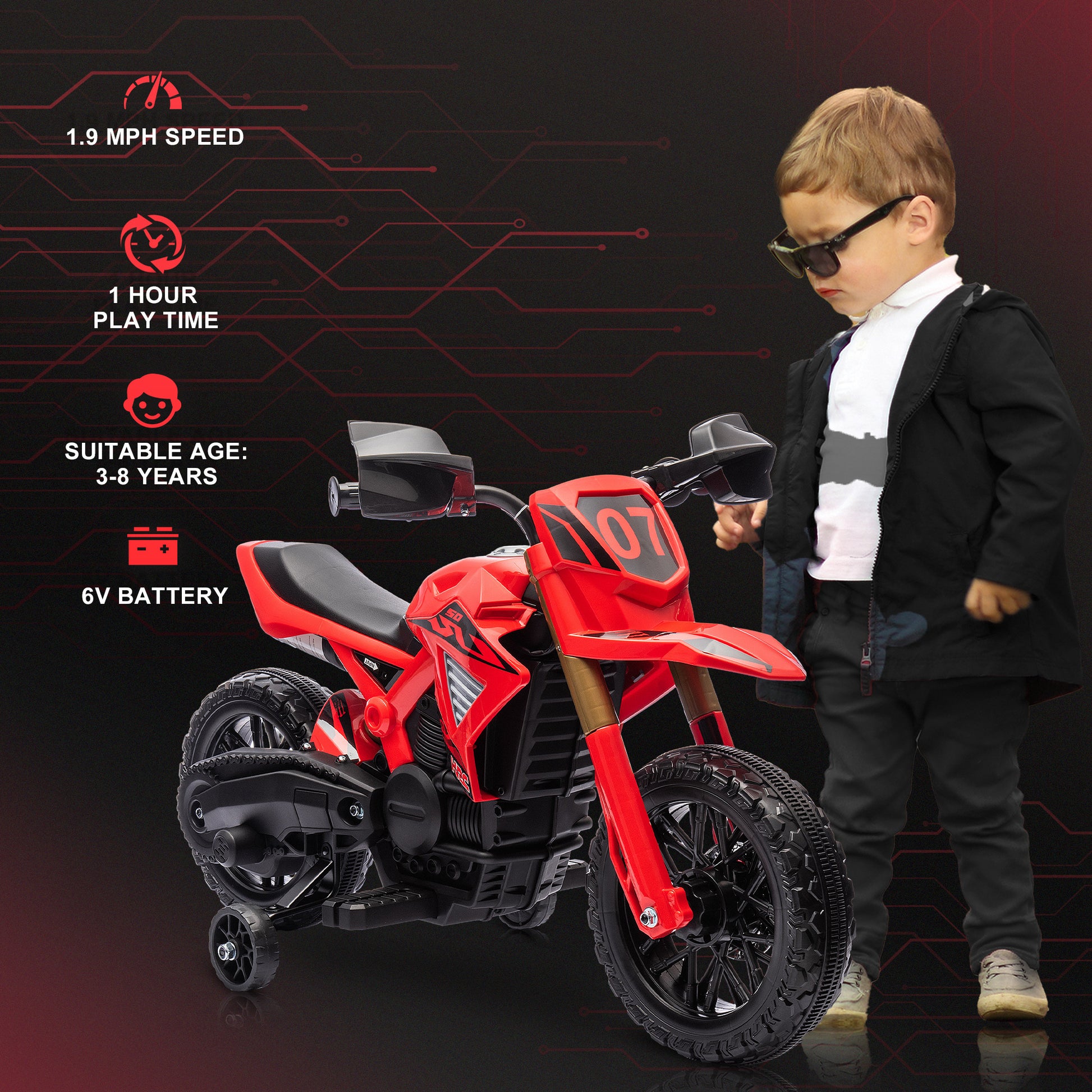 Qaba Kids Motorcycle, 6V Battery Powered Dirt Bike With Training Wheels, Horn & Start Sound, Electric Motorcycle For Kids 3 8 Years, Red Red Plastic