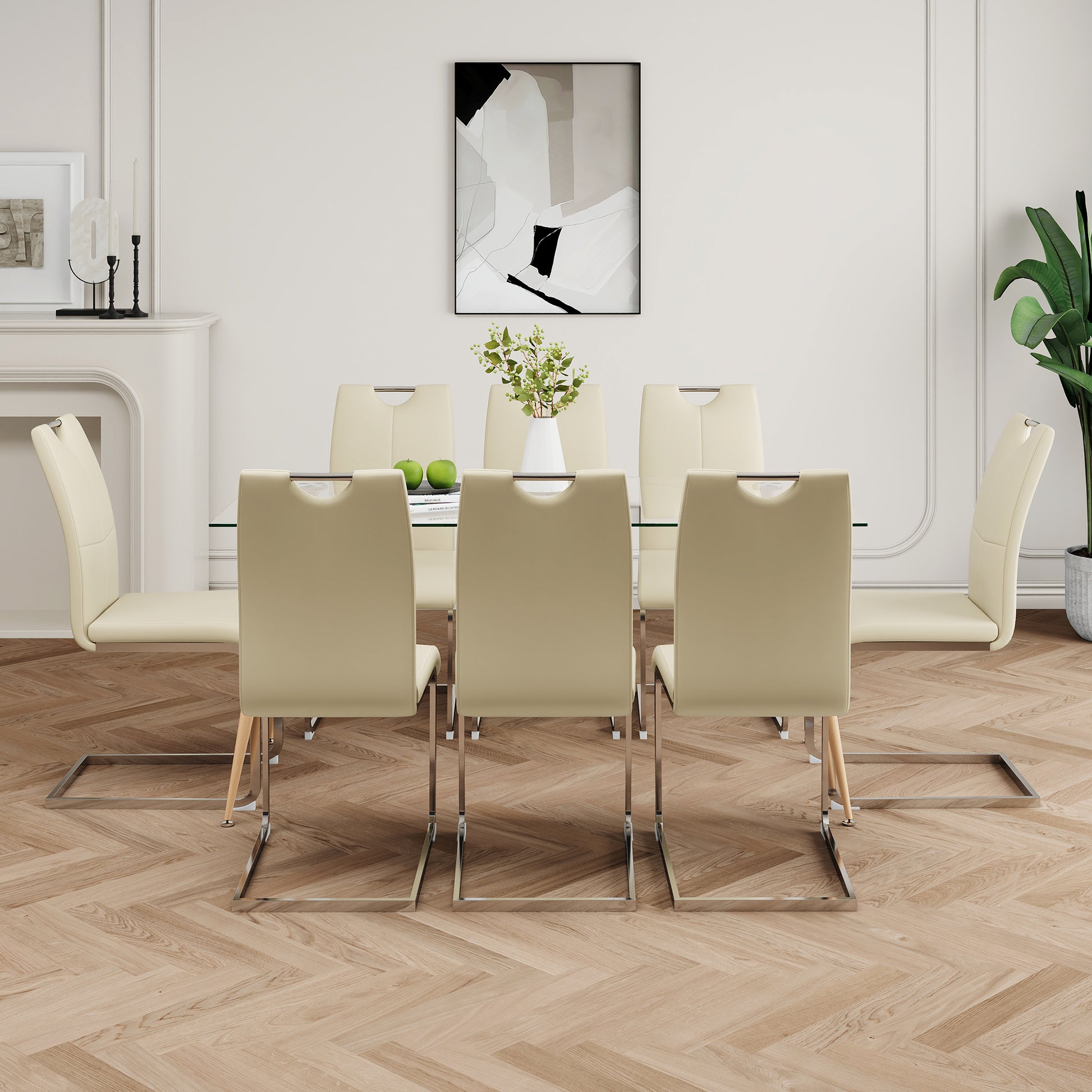 Modern Simple Rectangular Glass Dining Table, Solid Tempered Glass Countertop, Wood Transfer Metal Table Legs, Light Yellow Pu Dining Chair Set, Suitable For Restaurant Kitchen Use Set Of 9 Upholstered Chair Glass Light Yellow Seats 8 Metal Rectangular