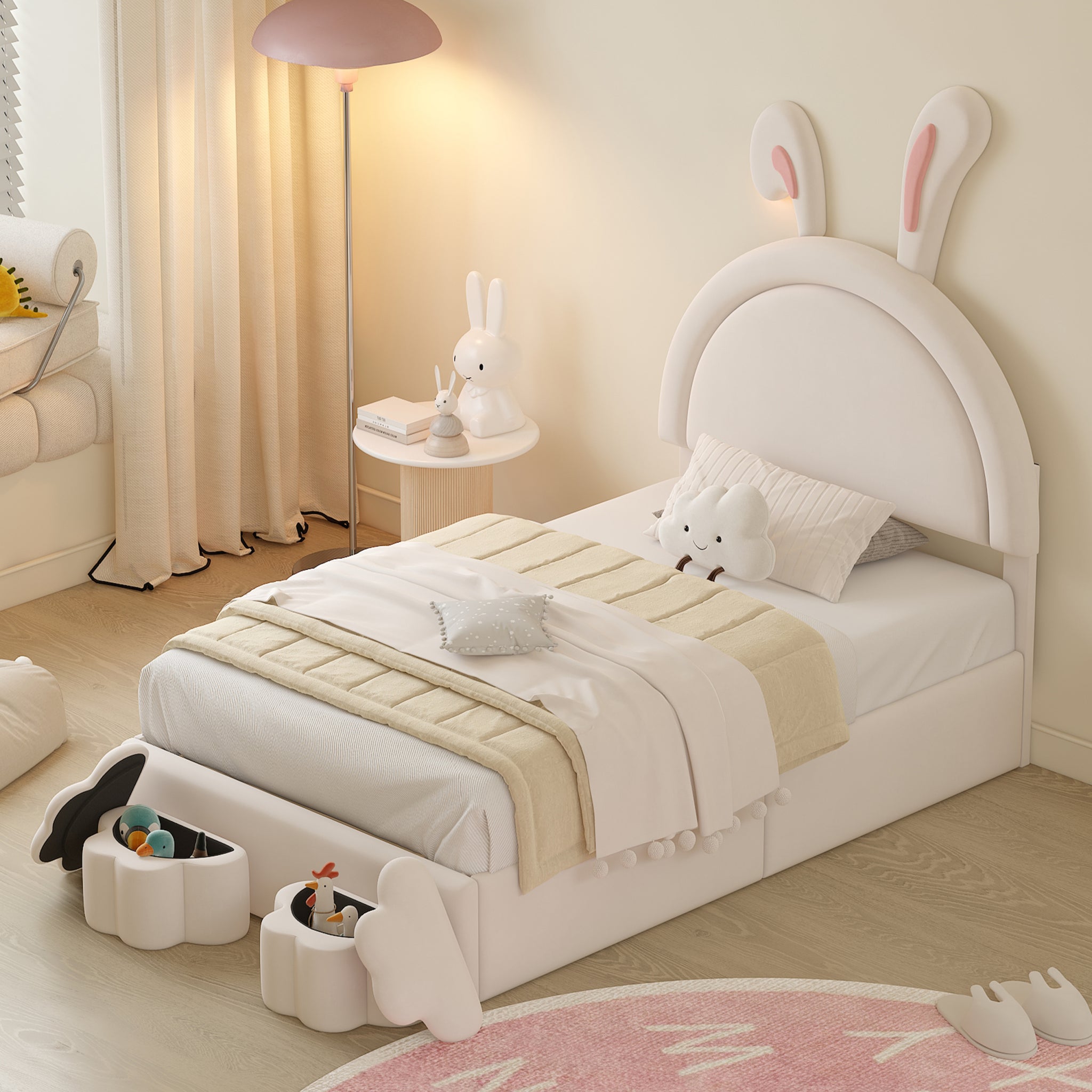 Twin Size Upholstered Rabbit Shape Bed With 2 Storage Stools, Velvet Platform Bed With Cartoon Ears Shaped Headboard, White Twin White Wood