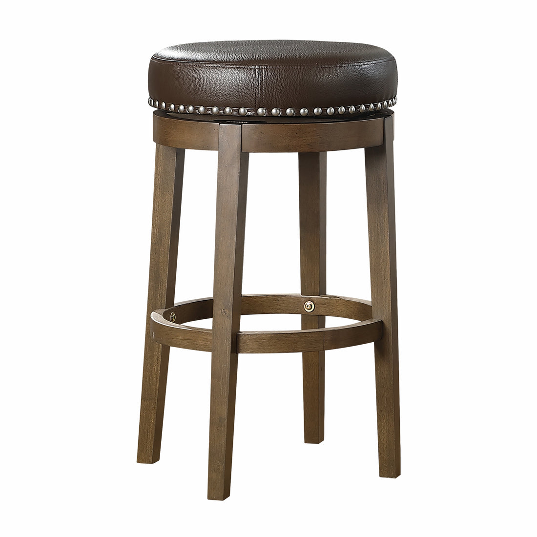 Round Swivel Bar Stools Set Of 2, Brown Faux Leather 360 Degree Swivel Seat Trim Solid Wood Frame Brown Finish Furniture Brown Dining Room Round Solid Wood