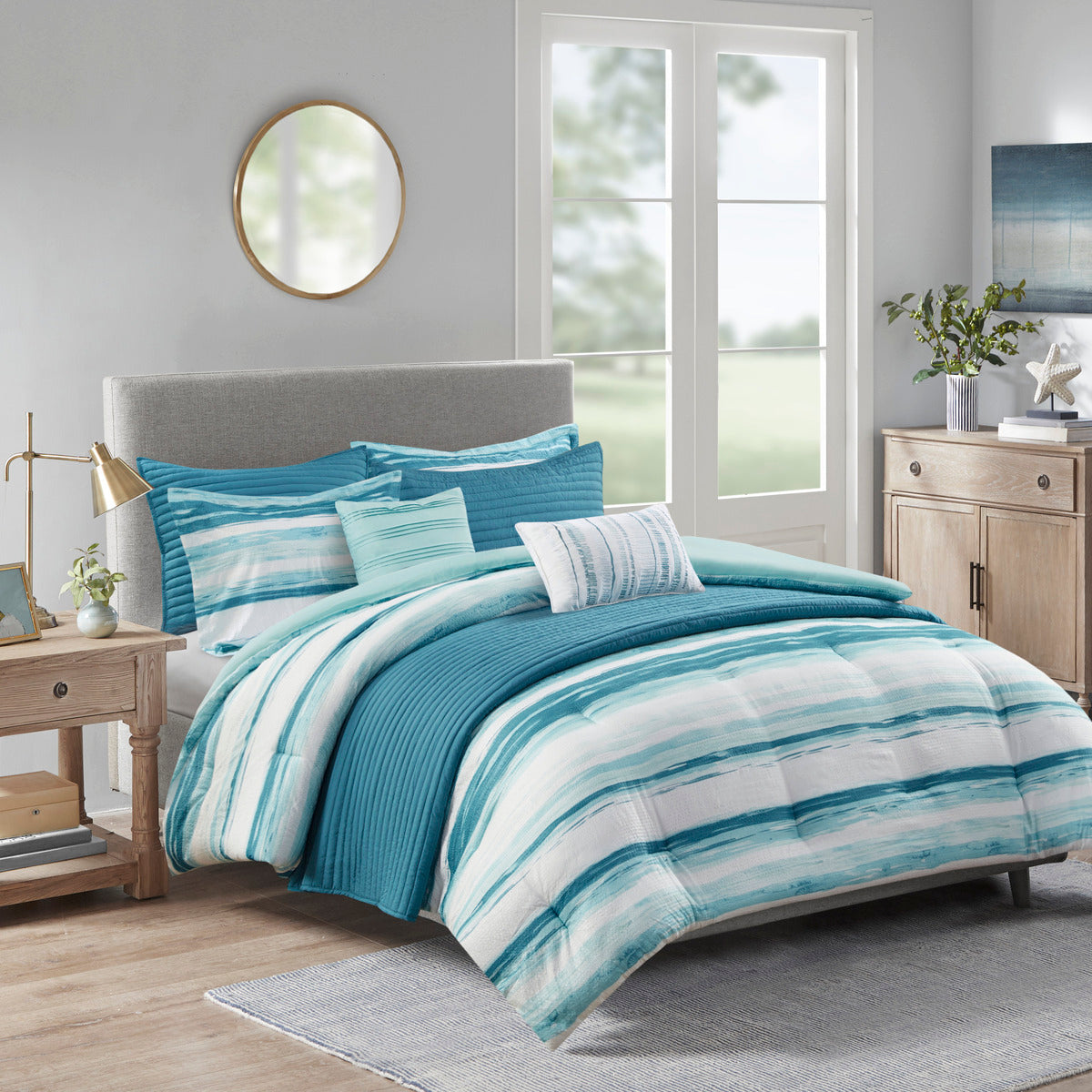 8 Piece Printed Seersucker Comforter And Quilt Set Collection Aqua Full Queen Full Aqua Polyester