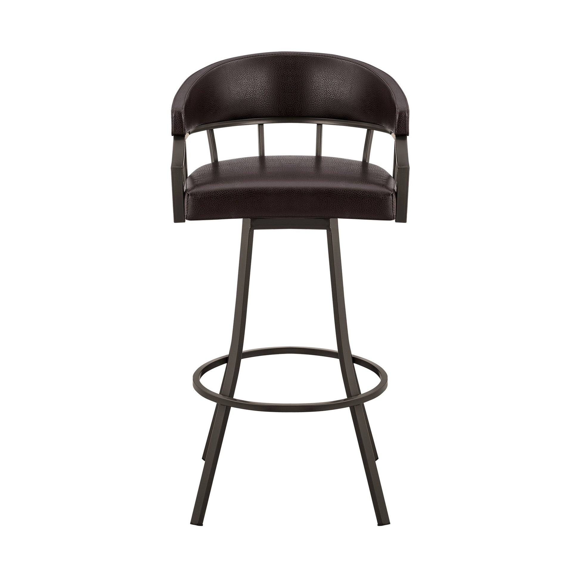 Mayla 30 Inch Swivel Bar Stool, Metal Flared Legs, Brown Faux Leather Brown Fabric Metal