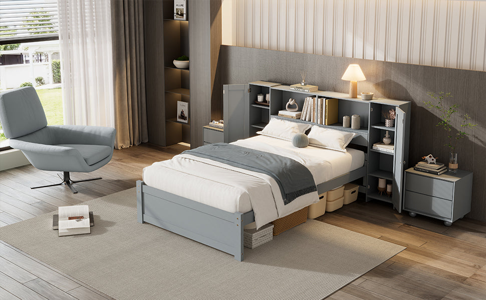 Twin Size Platform Bed With Storage Headboard And Lockers, Gray Twin Box Spring Not Required Gray Wood Bedroom Solid Wood Mdf