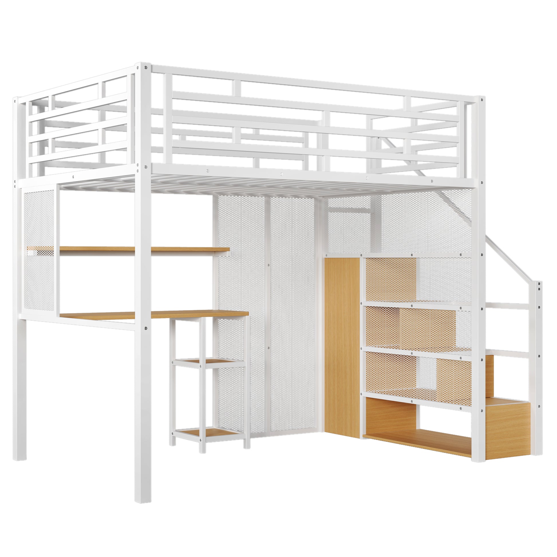 Full Size Metal Loft Bed With Wardrobe, Desk, Storage Shelves, White Expected Arrival Time: 10.3 Box Spring Not Required Full White Metal Mdf Metal