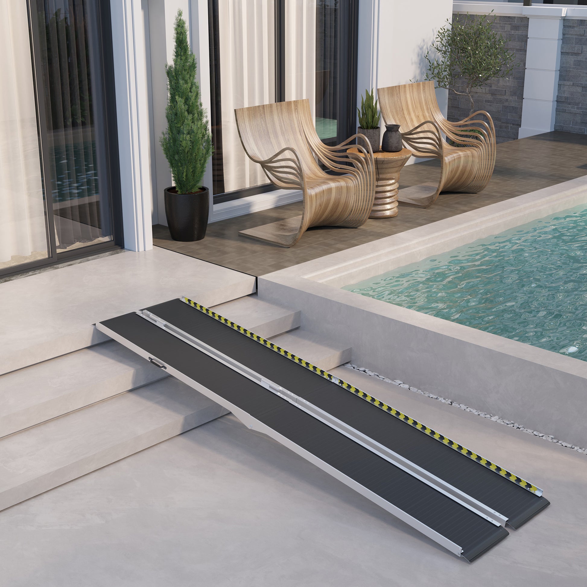 Homcom Wheelchair Ramp, 10Ft Foldable Threshold Ramp, Aluminum Handicap Ramp With Non Slip Surface, Transition Plates Above And Below For Home, Doorways, Steps, 600Lbs Capacity Black Aluminum