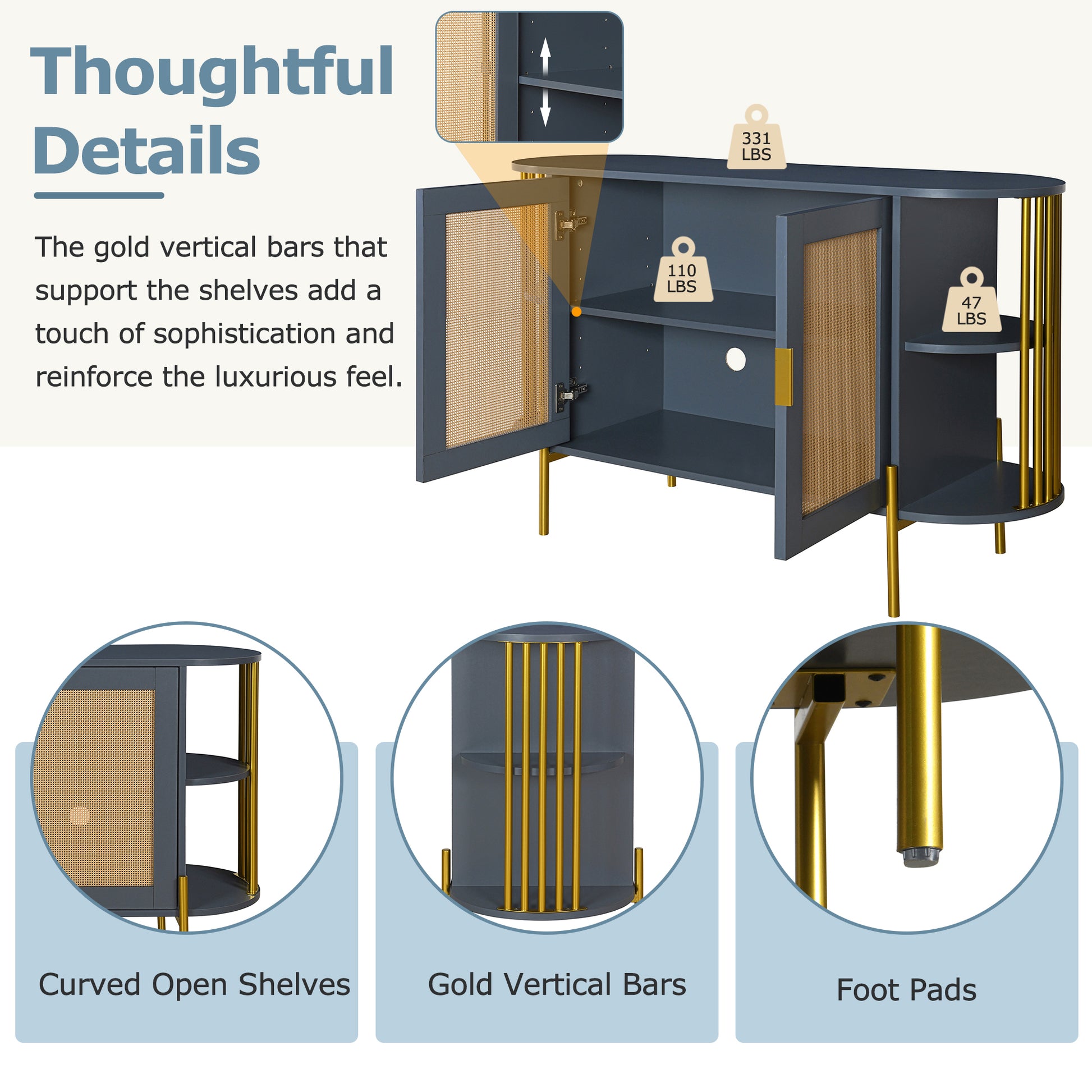 2 Door Elegant Curved Dining Cabinet With Gold Trim And Woven Rattan Doors For Dining Room Dark Gray Dark Gray Particle Board