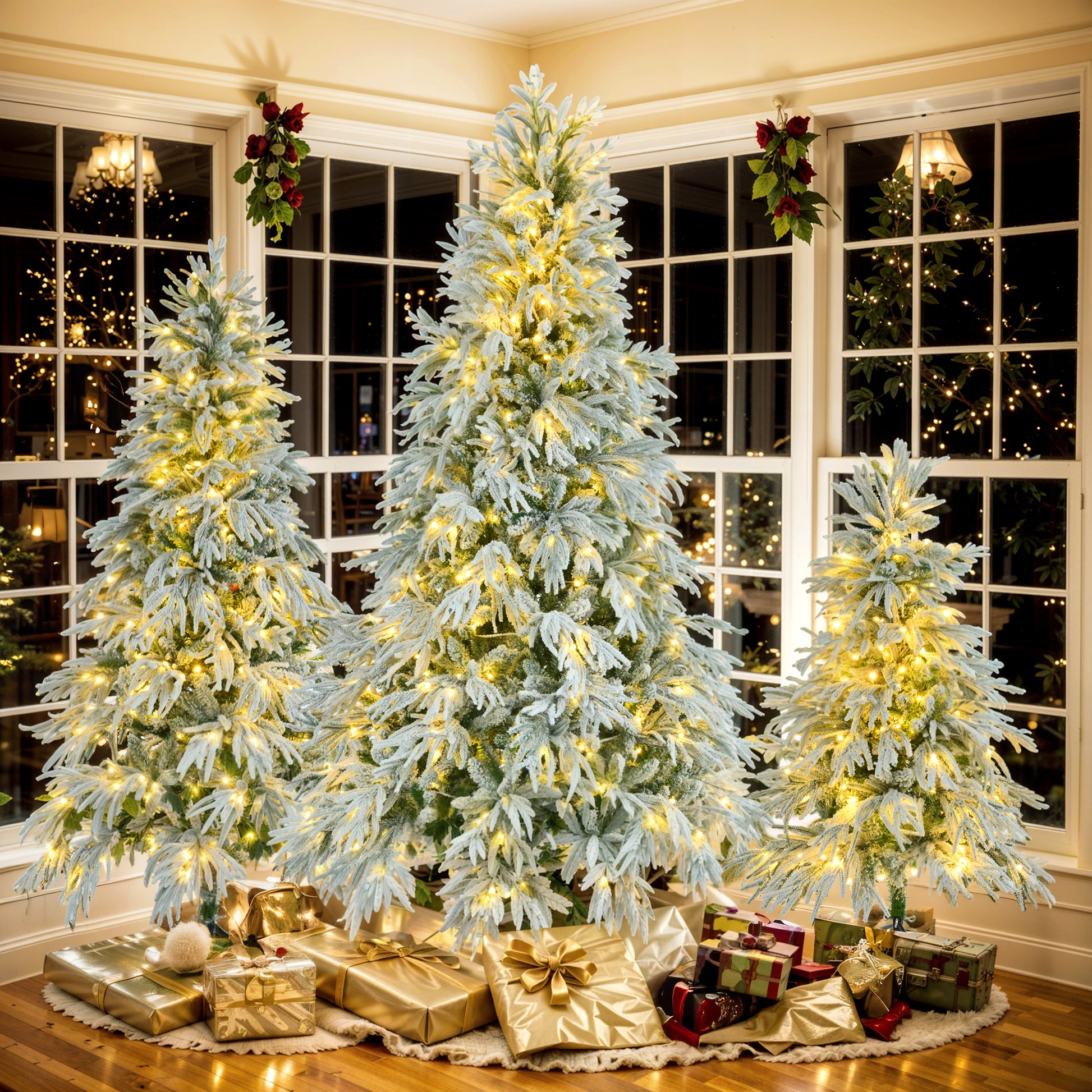 Pre Lit Spruce Snow Flocked Christmas Tree Set 4Ft, 6Ft, 7.5Ft, Artificial Hinged Xmas Tree With 800 Warm Yellow & Colorful Led Lights, 8 Flashing Modes, Holiday Office Home D Cor White Green Polyethylene