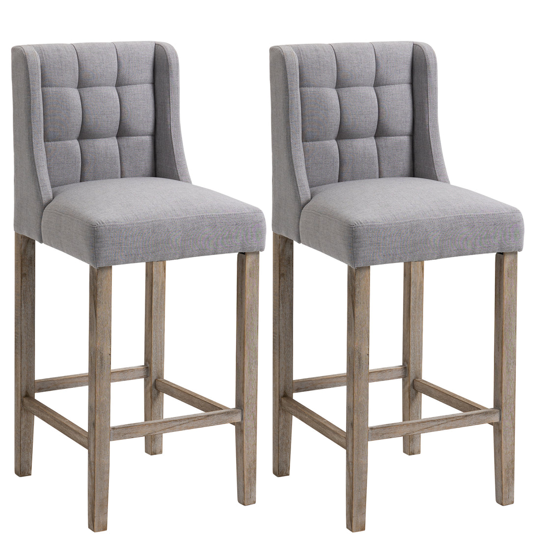 Homcom Modern Bar Stools, Tufted Upholstered Barstools, Pub Chairs With Back, Rubber Wood Legs For Kitchen, Dinning Room, Set Of 2, Grey Grey Rubber Wood