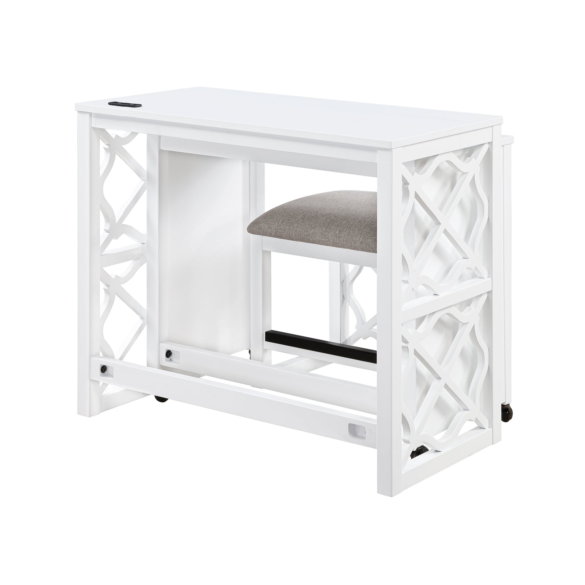 Desks And Stool Set 3Pc White Finish Rolling Desk With Casters, 2 Charging Ports Home Office Furniture White Computer Desk Primary Living Space Contemporary Desk Rectangular Wood
