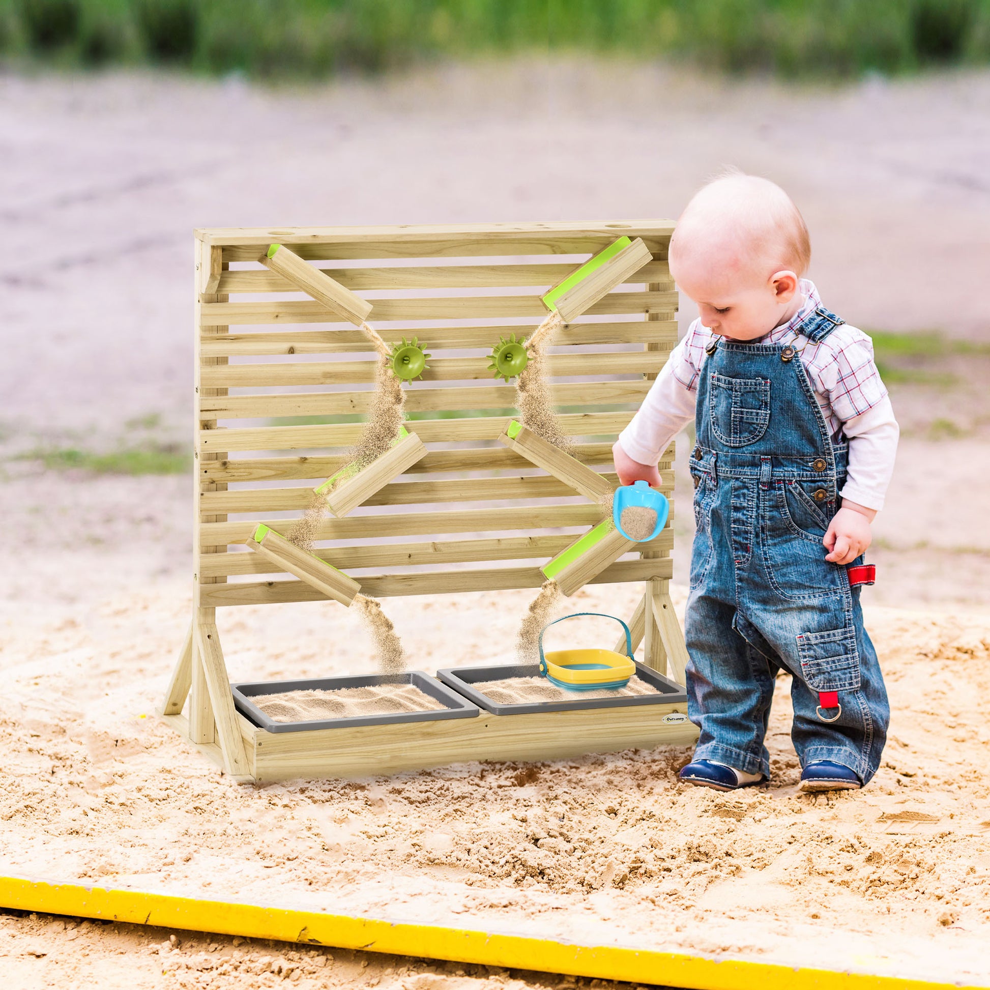 Outsunny 18 Pcs Sand And Water Playset For Kids With Rearrangeable Falling Network Maze, Toddler Sensory Toy Summer Activity Outdoor Toys, Aged 3 7 Natural Wood Wood