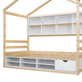 Twin House Bed With Roof Frame, Bedside Shelves, Under Bed Storage Unit,Natural Twin Natural American Design Pine