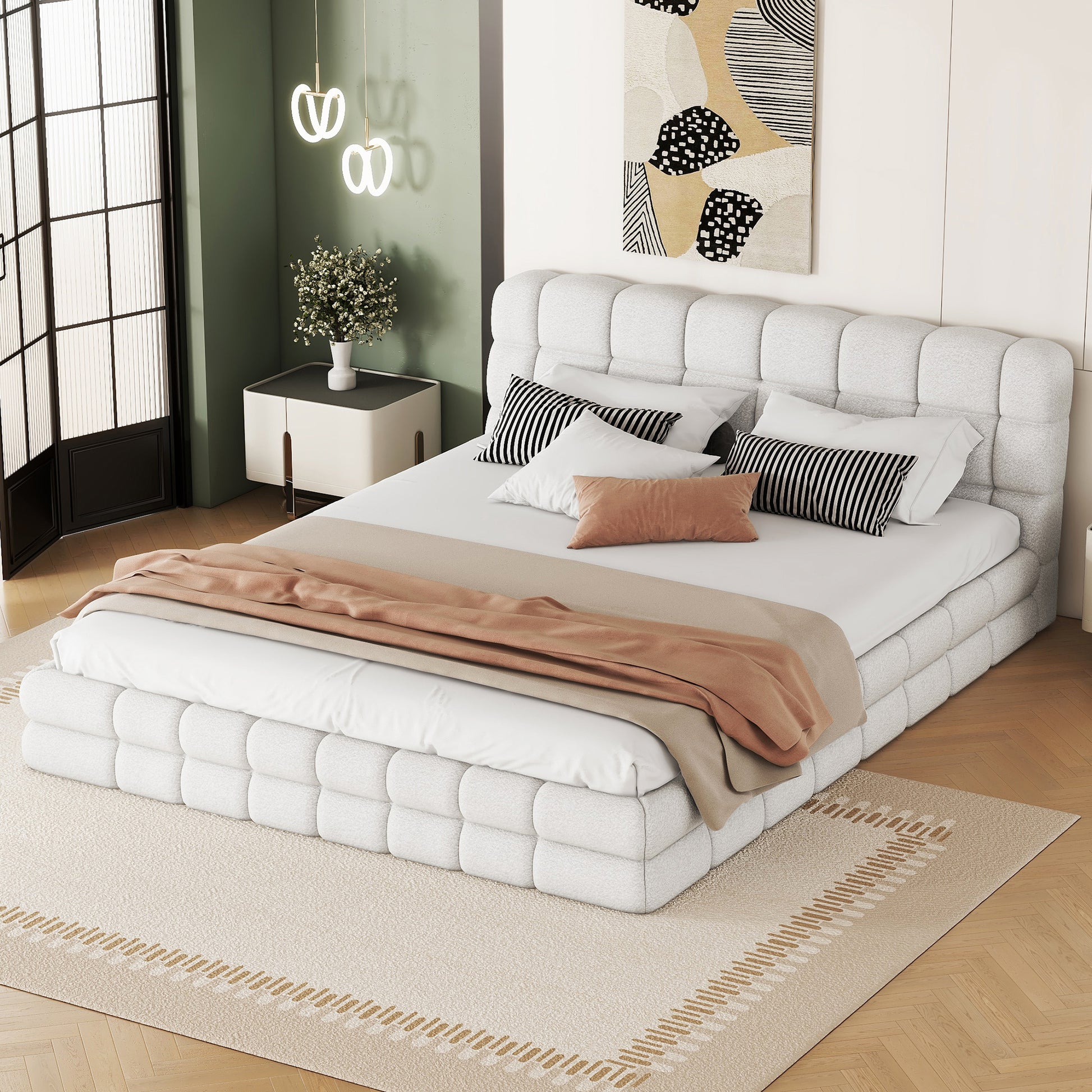 Queen Size Upholstered Platform Bed, White Box Spring Not Required Queen White Wood Bedroom Bed Frame Upholstered