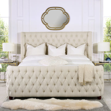 Brooklyn King Tufted Panel Bed Headboard And Footboard Set, Light Beige Linen Box Spring Required King Beige Wood Foam Linen Linen