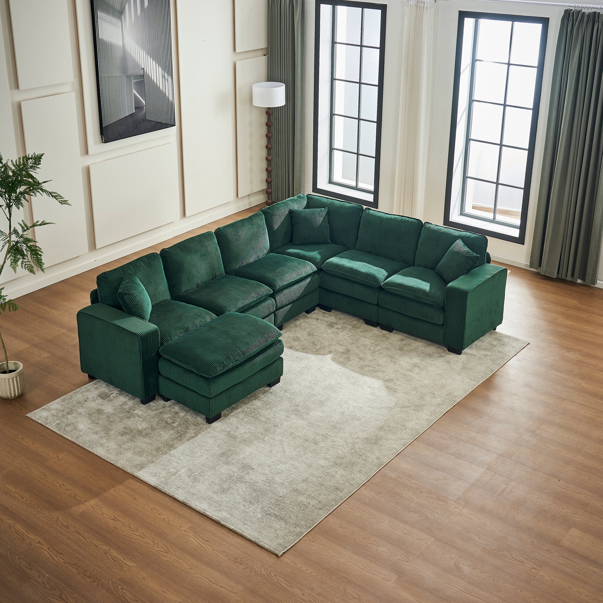 Modern U Shaped 6 Seat Sectional Sofa Couch With One Ottoman And Three Toss Pillows ,Modular Sofa For Living Room,Corduroy Sofa Green Corduroy 7 Seat