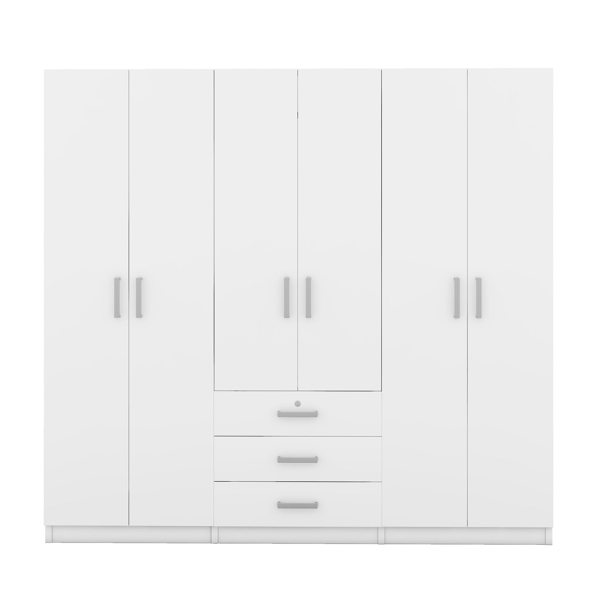 6 Doors Wooden Wardrobe Storage For Bedroom, With Big Drawers, White White Plywood