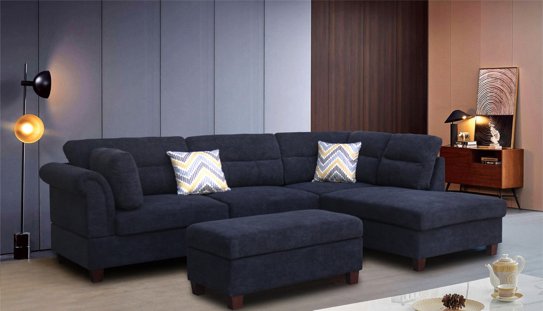 Diego 103.5" Black Fabric Sectional Sofa With Right Facing Chaise, Storage Ottoman, And 2 Accent Pillows Black Fabric