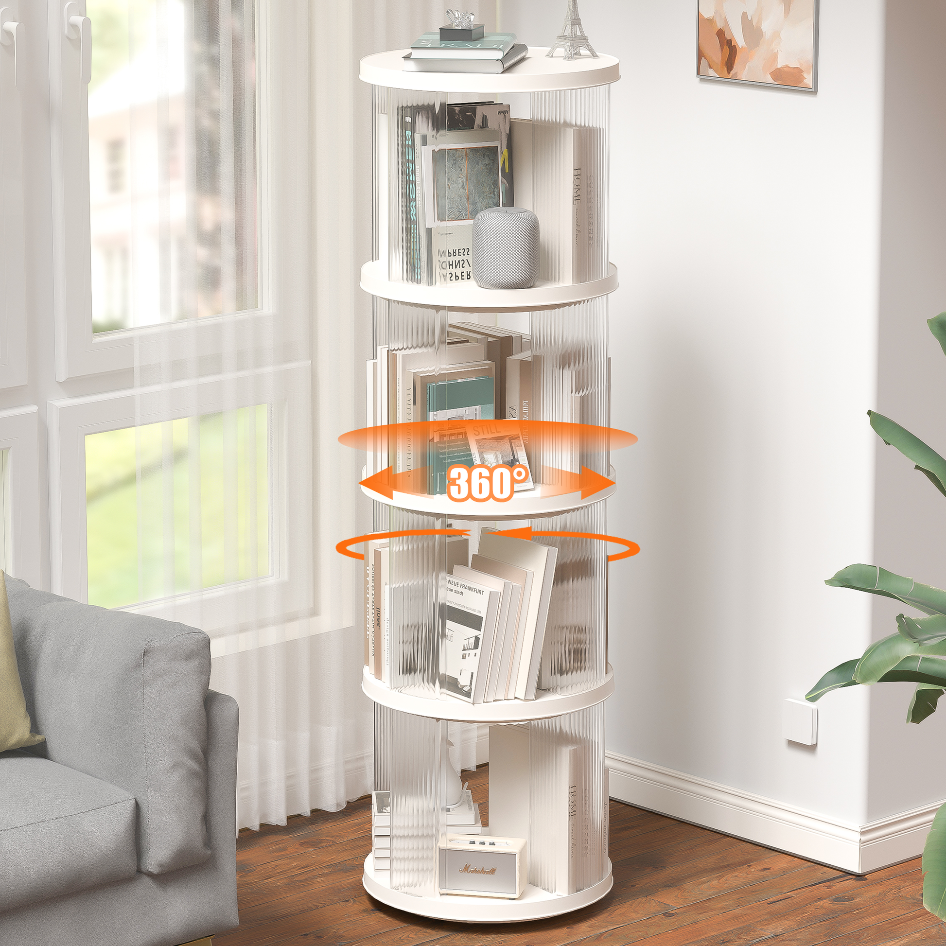 360 Rotating Bookshelf, Small Corner Bookcase With Small Footprint, 4 Tier Floor Standing Bookcasefor Kids&Adults, Narrow Book Shelf Organizer For Bedroom, Living Room, Round, White Cream White Bedroom American Design,Classic Polypropylene Abs,Pet