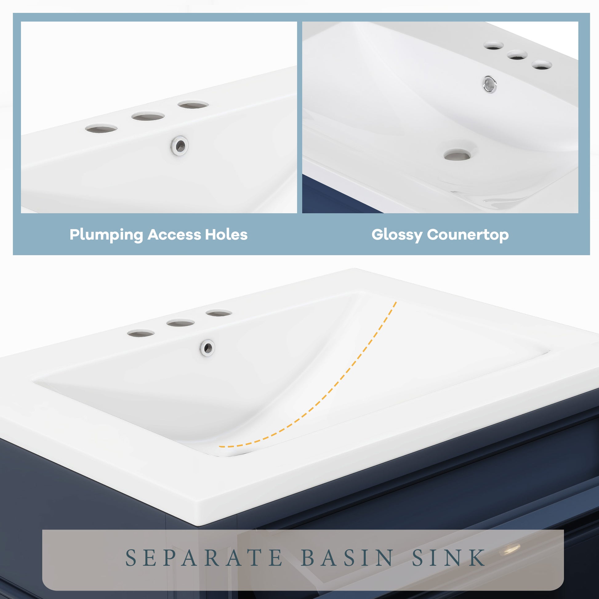 30'' Bathroom Vanity With Top Sink, Modern Bathroom Storage Cabinet With 2 Drawers And A Tip Out Drawer, Single Sink Bathroom Vanity Blue Modern Mdf Ceramic,Solid Wood Mdf