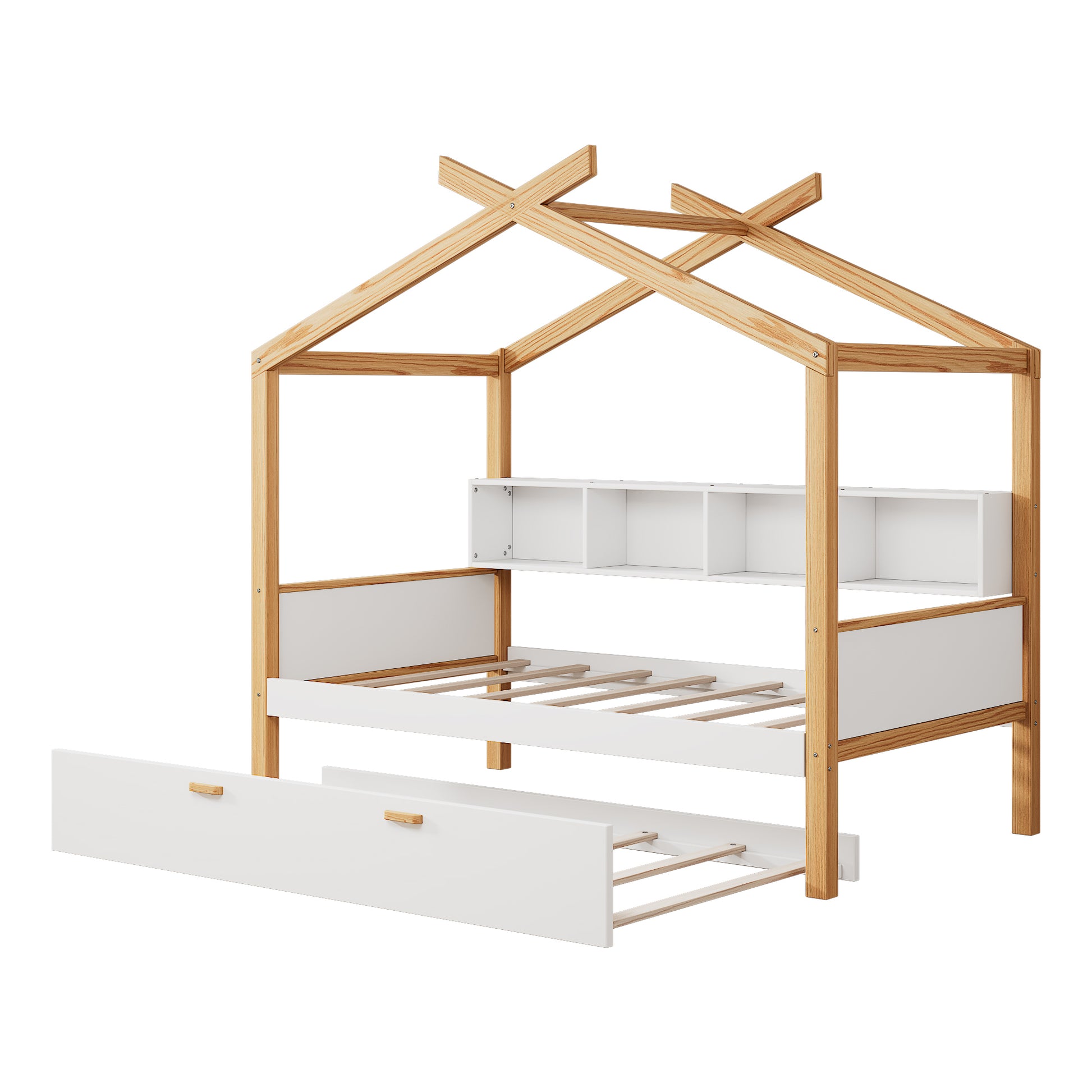 White Twin Size Wooden House Bed With Original Wood Colored Frame Twin Size Trundle And Bookshelf Storage Space For Children Or Guest Room Twin White Wood