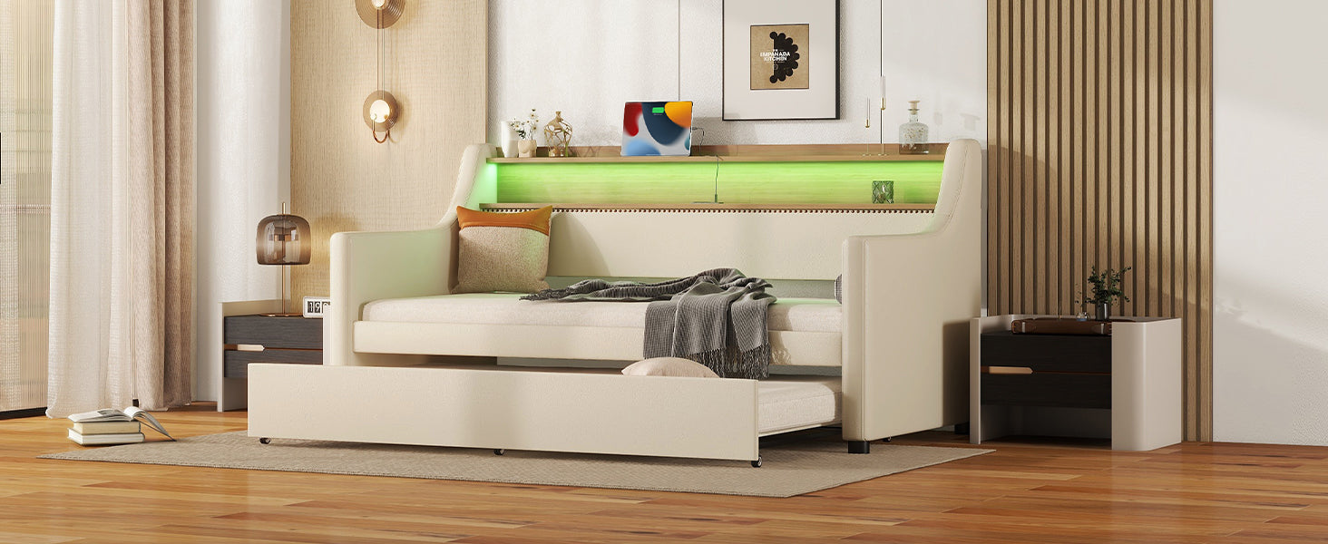 Twin Size Daybed With Trundle, Upholstered Daybed With Charging Station And Led Lights, Beige Twin Beige Pu Leather
