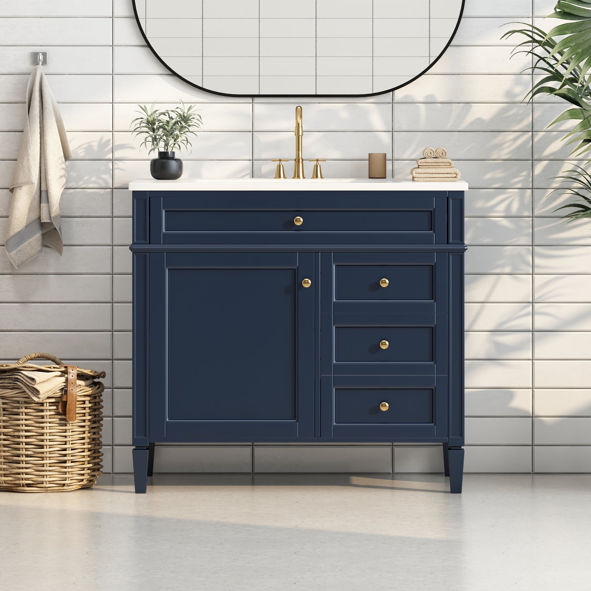 36'' Bathroom Vanity With Top Sink, Modern Bathroom Storage Cabinet With 2 Drawers And A Tip Out Drawer, Single Sink Bathroom Vanity Blue Bathroom Solid Wood Mdf Resin