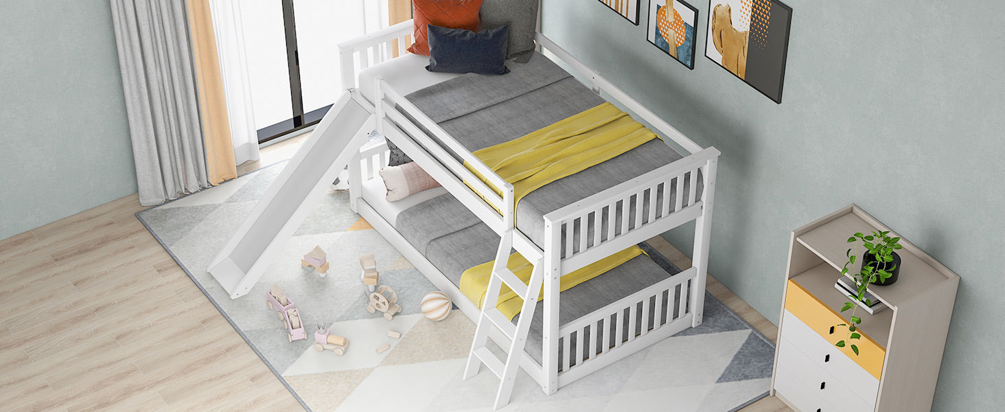 Twin Over Twin Bunk Bed With Convertible Slide And Ladder, White Old Sku: Sm000213 Box Spring Not Required Twin White Wood Bedroom Bunk Pine