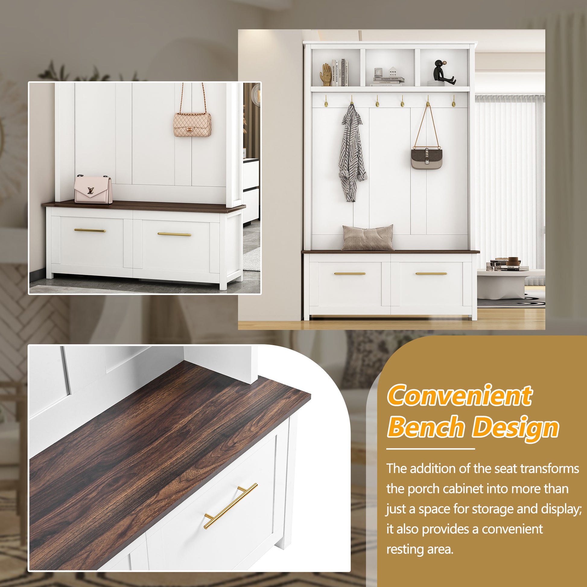 Versatile 4 In 1 Hall Tree With 6 Golden Hooks, Brown Wood Grain Bench With Multiple Storage Space, Entryway Coat Rack With 2 Drawers For Living Room, Hallway, White, 47.2''W*76.6''H White Primary