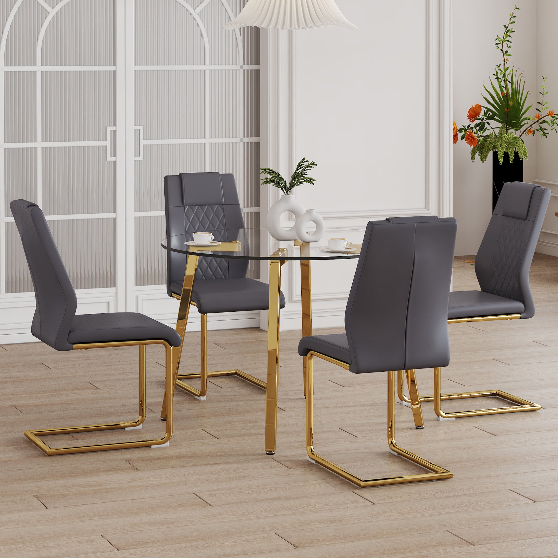 Table And Chair Set.A Modern Minimalist Style Round Clear Tempered Glass Table With Metal Legs.Paried With Dark Gray Chairs With Modern Pu Leather High Back Upholstered And C Tube Golden Legs. Dark Gray,Transparent Seats 4 Glass