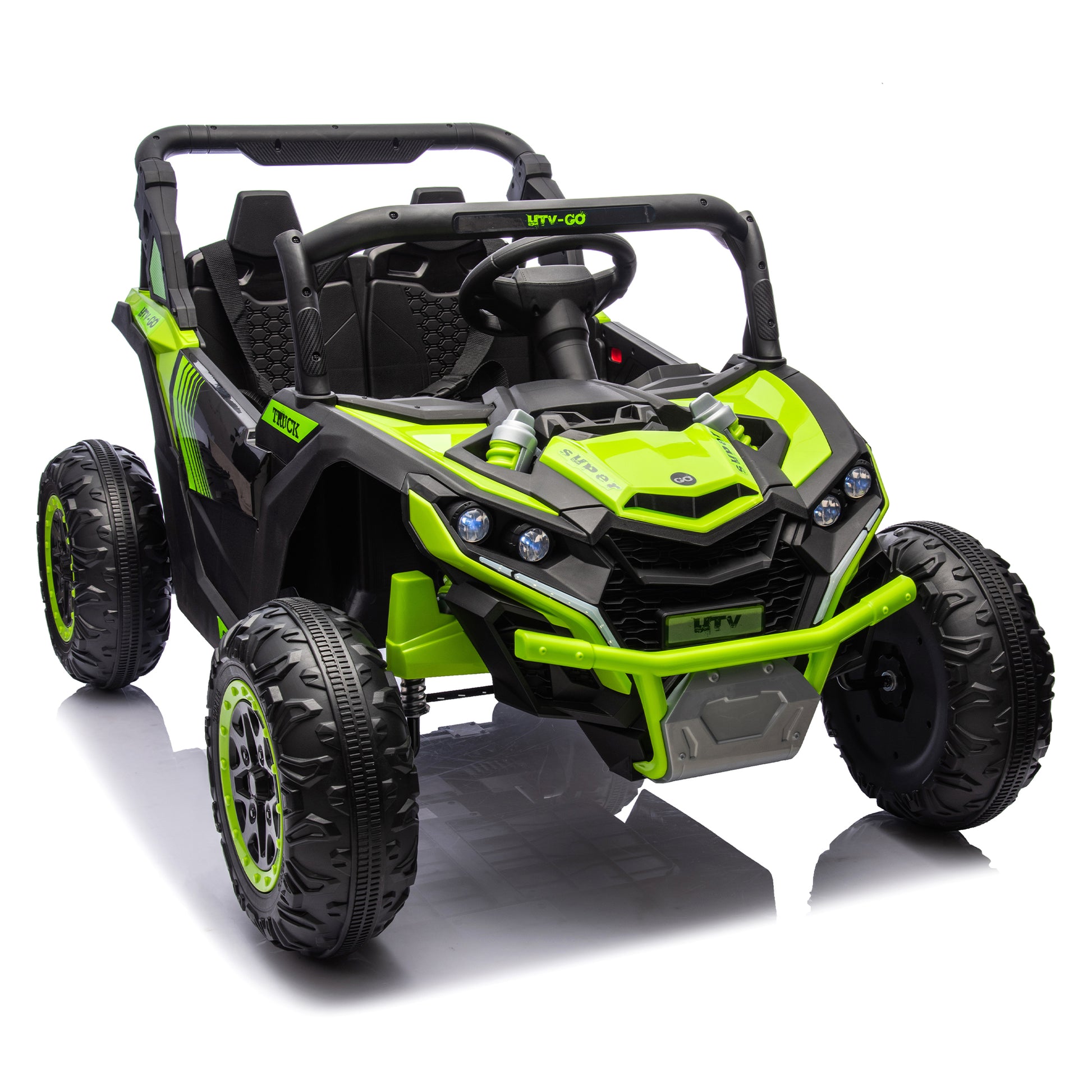 24V Two Seater Kids Ride On Utv W Parents Remote Control,Four Wheel Suspension,Slow Start,Large Wheel Design,Anti Collision Bar,Storage Space,Music,Usb,Bluetooth,Volume Control,Led Lights For Kids 3 . Green 100 149 Lbs Polypropylene