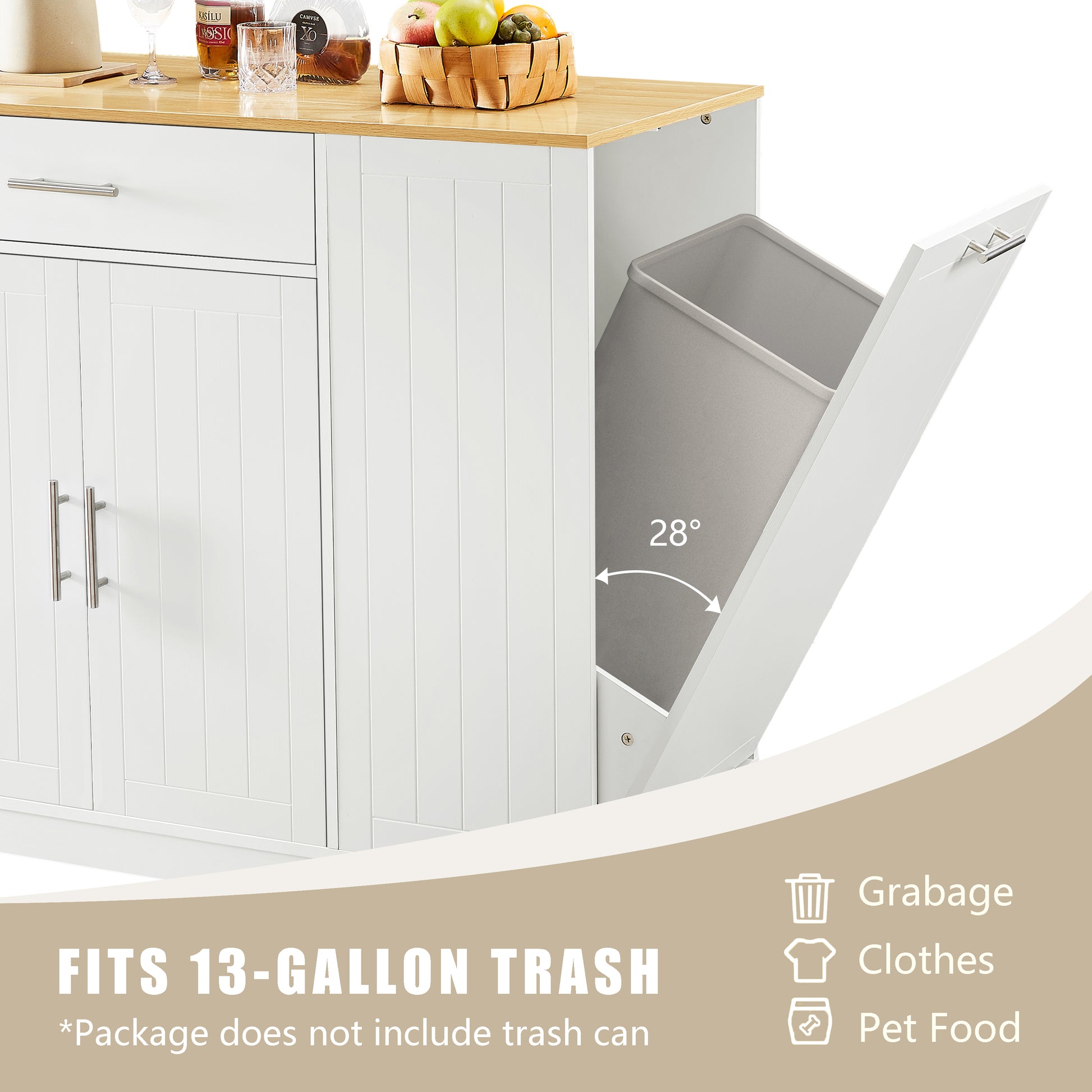 53 Inch Large Kitchen Island With Trash Can Storage Cabinet, Islands Table With Drawer And Adjustable Shelves, Breakfast Bar Cabinet For 13 Gallon Garbage Bin, White & Oak White Particle Board