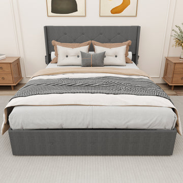 Full Size Bed Frame With Gas Lift Storage Bed With Modern Wingback Headboard, Usb Ports Box Spring Not Required Full Dark Gray Metal Bedroom Contemporary Bed Frame Foam Linen Upholstered