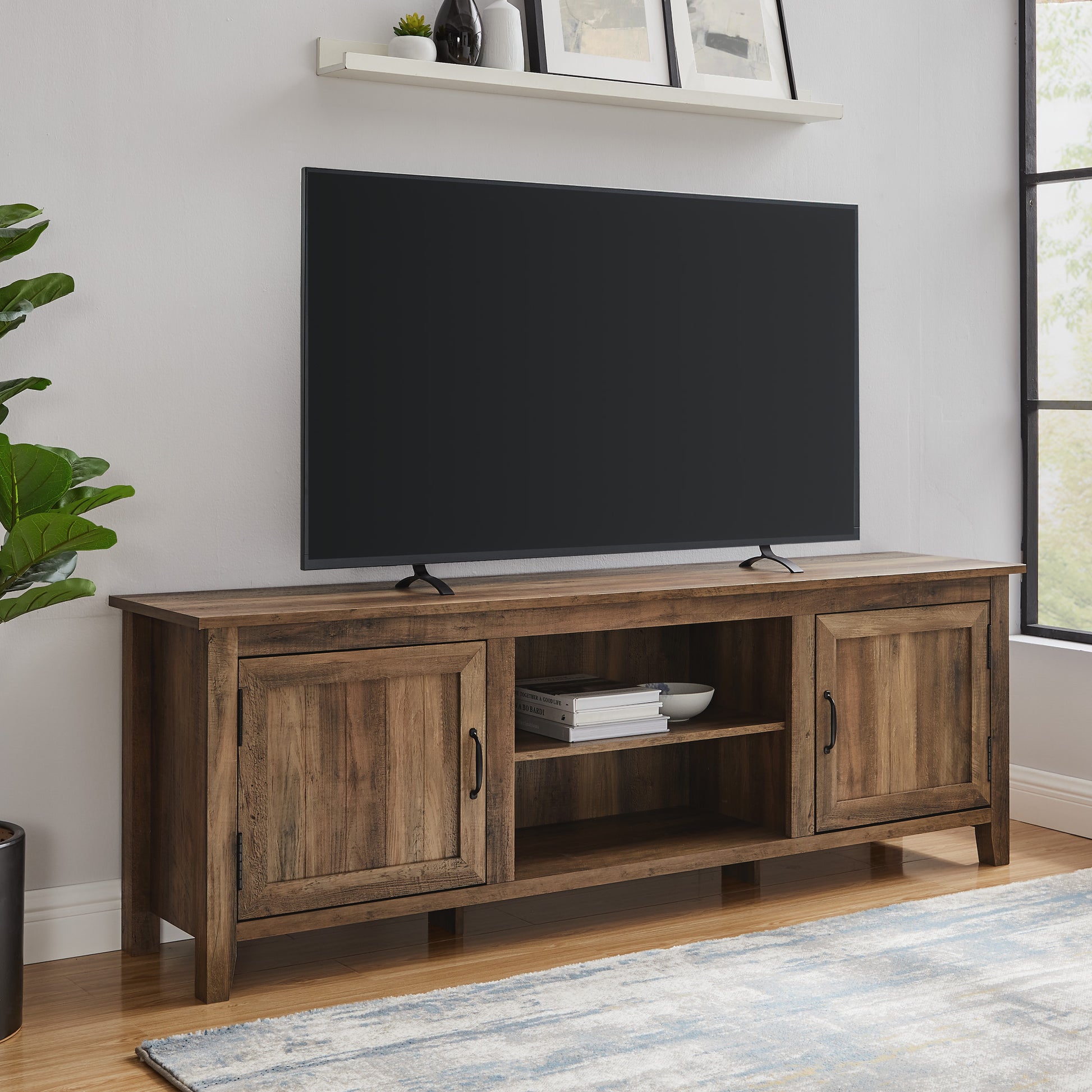 Modern Farmhouse 2 Door Grooved 70" Tv Stand For 85" Tvs Rustic Oak Oak Mdf