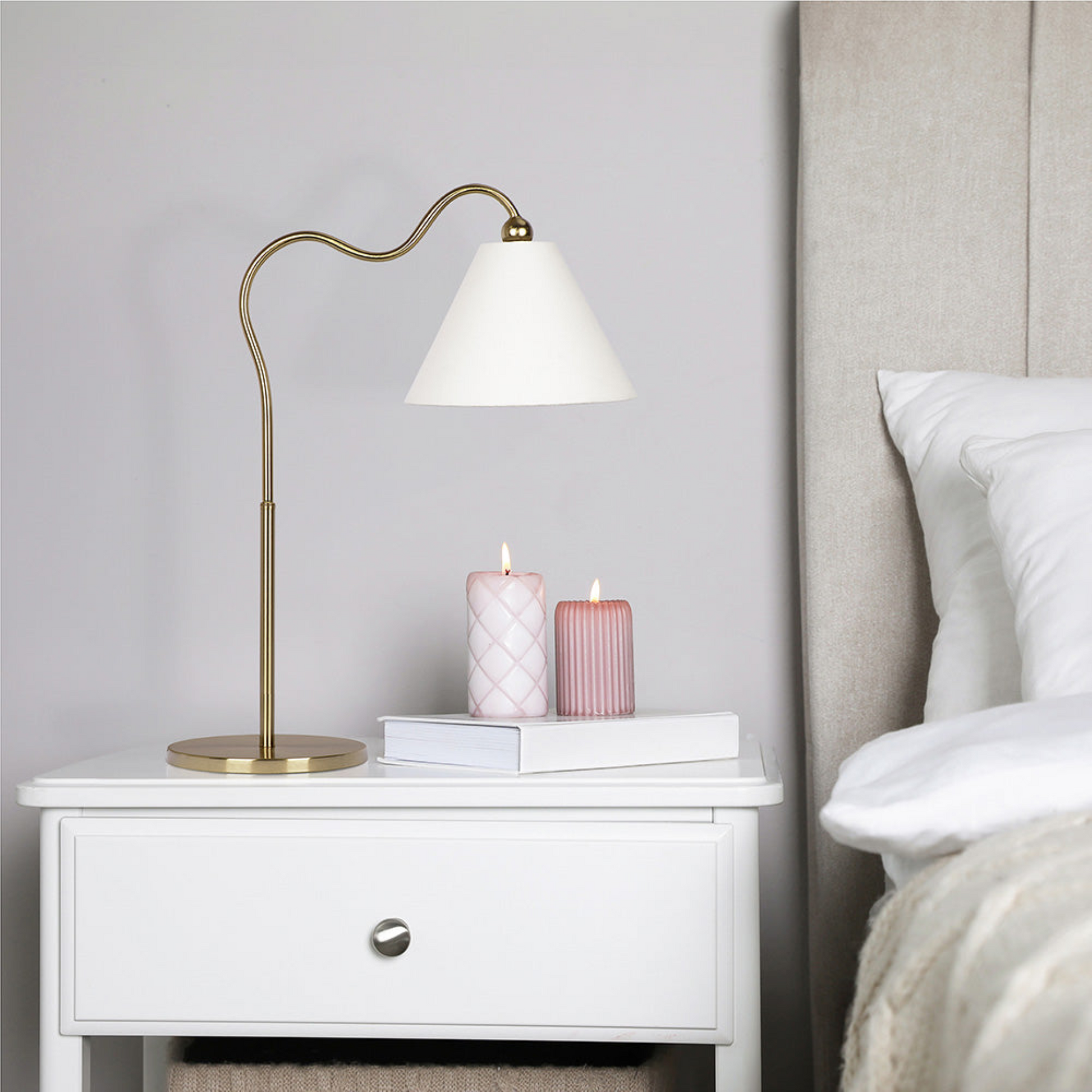 Ornate Brass Ring Base Curved Table Lamp With Triangle White Drum Shade Gold,White Table&Floor Lamps Brass,Metal