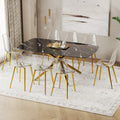 Table And Chair Set.Modern Luxurious Black Marble Patterned Tempered Glass Dining Table Set With Transparent Pp Chairs.8 Transparent High Quality Pp Dining Chairs With Golden Legs. Gold Black Seats